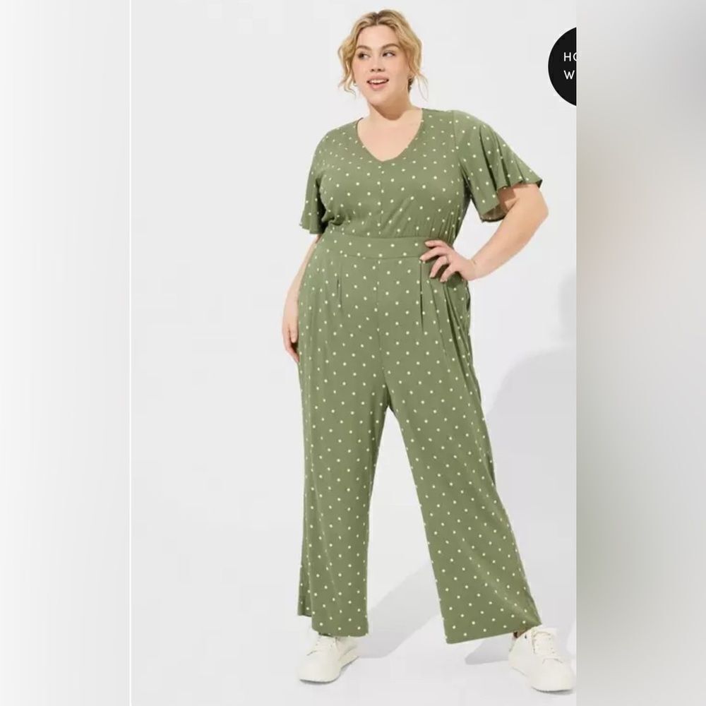Torrid Stretch Challis Flutter Sleeve Jumpsuit 5X Honey Dots Olivine - Picture 4 of 16